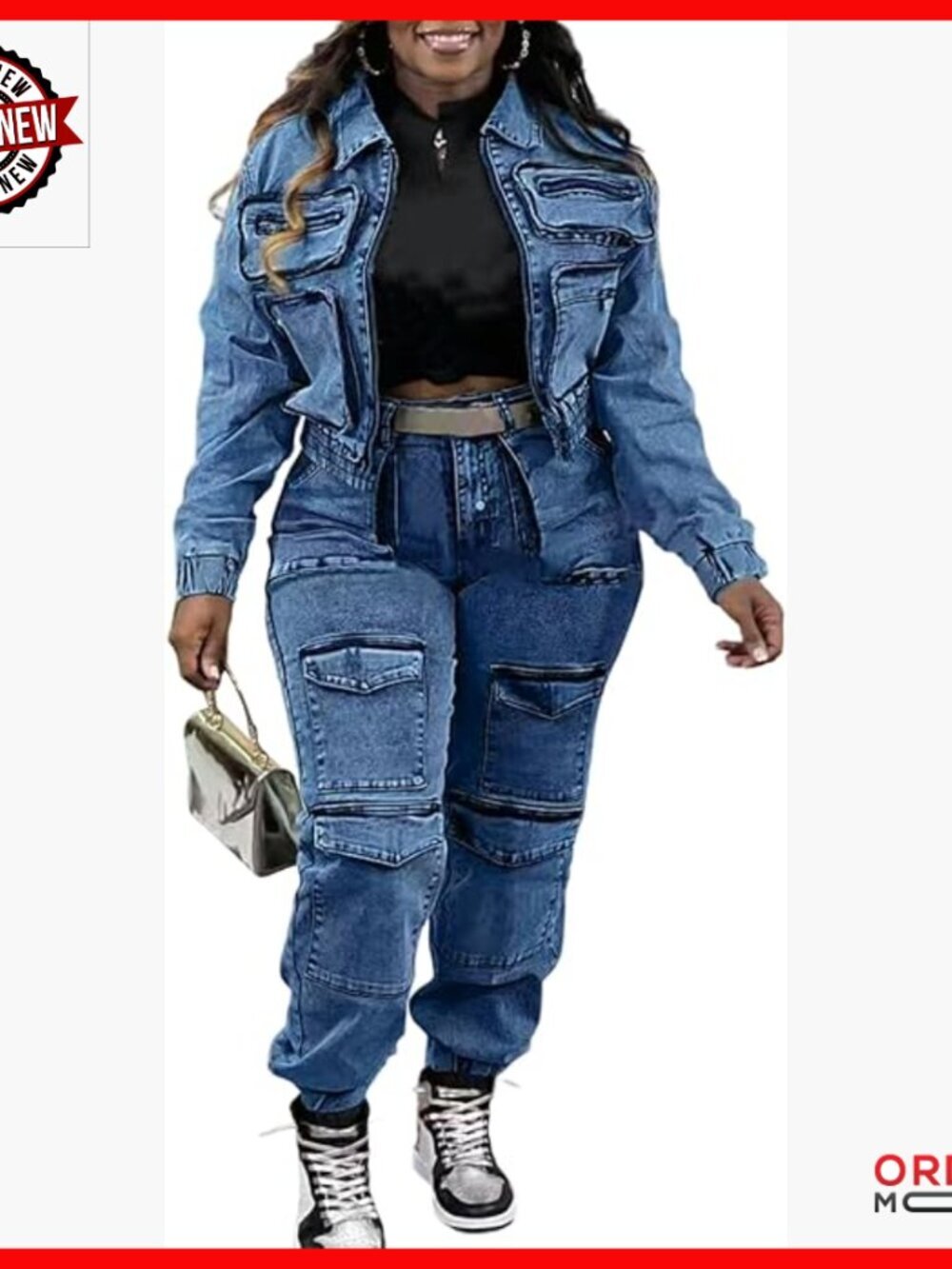 Denim Two Piece Set Long Sleeve Zipper Jacket Cargo Pants Matching Outfit